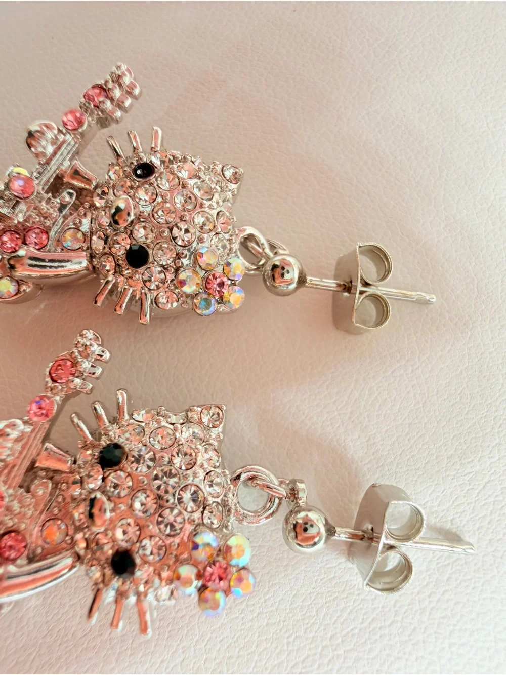 Crystal Cat Guitar Drop Earrings - Pink & Iridescent